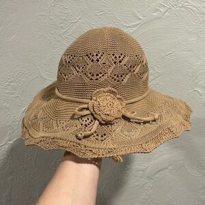 Knitted Khaki Sun Hat With Flower Decor